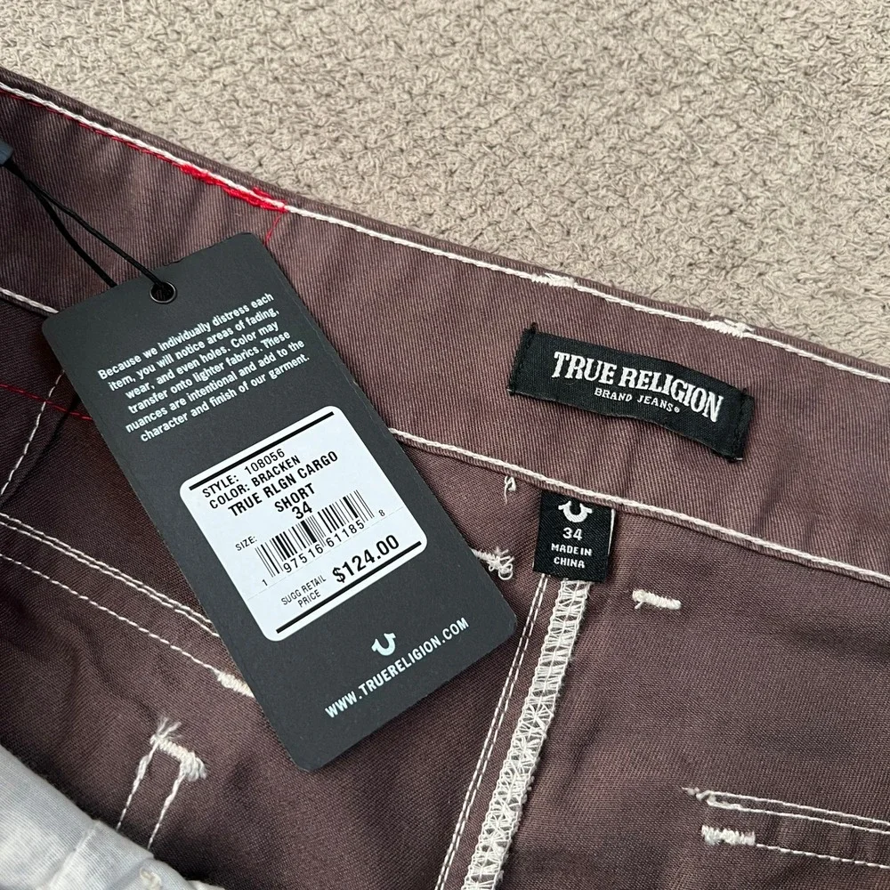 True Religion Mens Bracken Cargo Shorts Brown Contrast Stitch Y2K Style Size 34